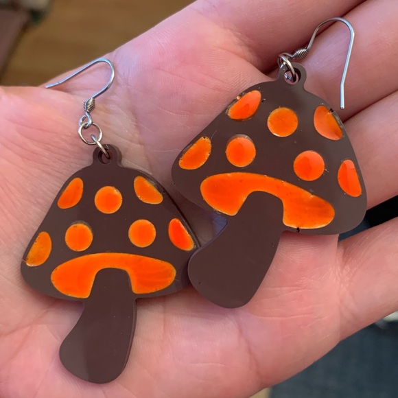 Psychedelic Mushroom Brown & Orange Earrings on Stainless Steel Hooks - Picture 3 of 4